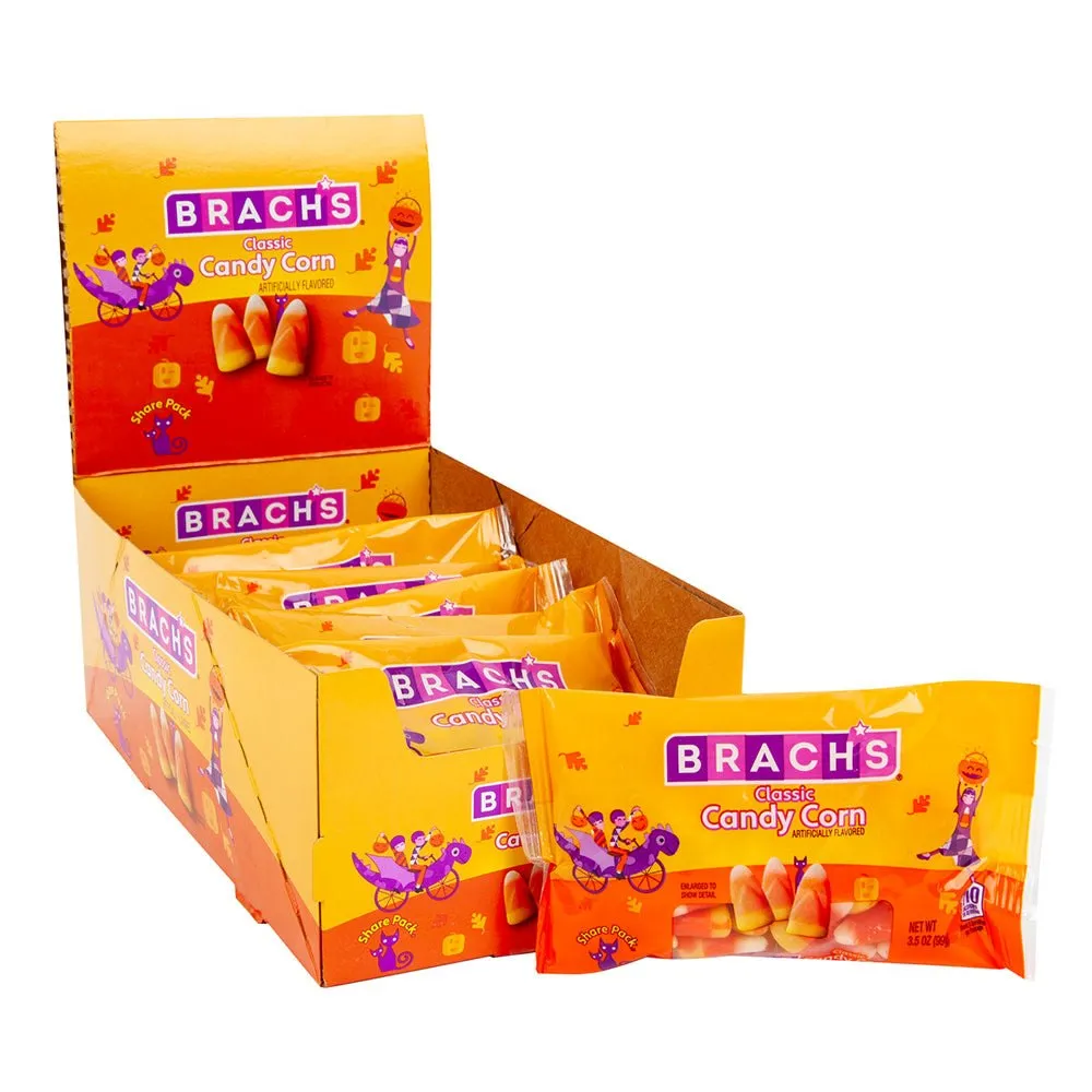 A display box of Brach's Candy Corn packs, with one pack out front
