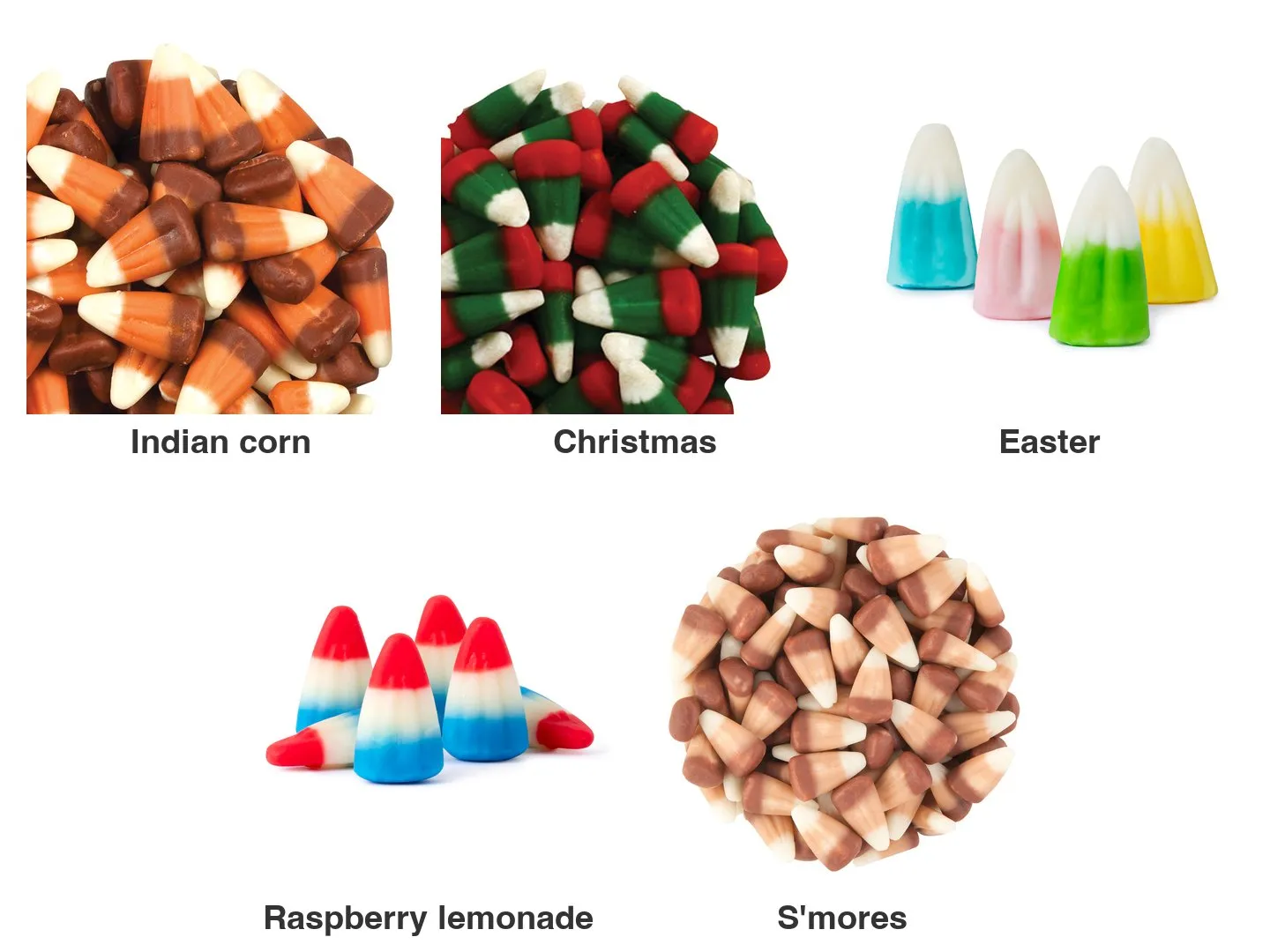Five candy corn variations. Indian corn in brown, orange and white, Christmas in red, green and white, Easter in pastel blue, pink, green and yellow, raspberry lemonade in red, white and blue, and s'mores in brown and white.