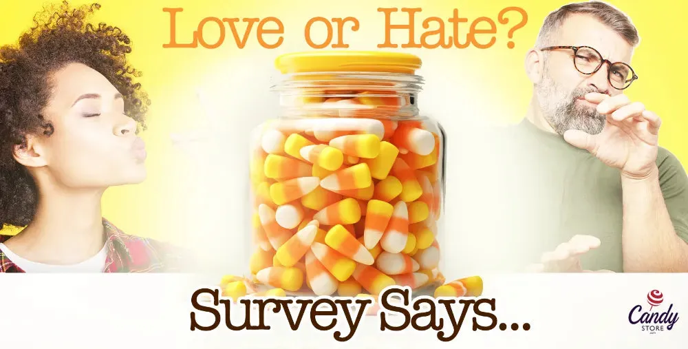 Love or hate? A woman blows a kiss at a jar of candy corn while a man waves it away. Survey says.